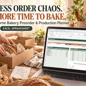 Bakery Stand Order Task Tracker Excel Spreadsheet, Home Bakery Preorder & Invoice Planner, Client Tracker and production Dashboard
