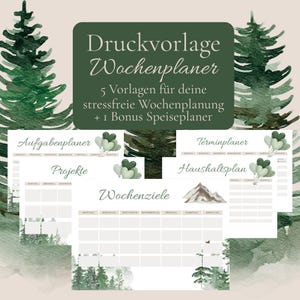 Veckoplanerare i lantlig/skogsdesign (hushåll, möten, uppgifter, projekt, mål) + måltidsplan | Utskrivbar PDF