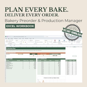 Foglio di calcolo Excel per il monitoraggio degli ordini di prodotti da forno, pianificatore di preordini e produzione per prodotti da forno casalinghi, dashboard per pagamenti e ritiri dei clienti.