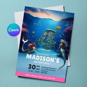 Mermaid 4th Birthday Invitation - Printable Party Invite, Mermaid Themed Design, Editable Invitation Template