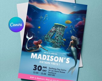 Mermaid 4th Birthday Invitation - Printable Party Invite, Mermaid Themed Design, Editable Invitation Template