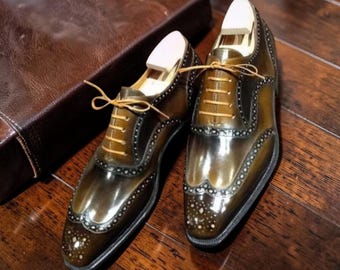Men's Handcrafted Two Tone Oxford Brogue Shoes Brown Shaded Leather Wingtip Classic Shoe Stylish Party Wedding Casual Men Footwear Mens