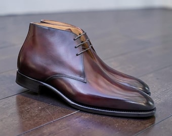 Botas Chelsea Chukka de cuero marrón hechas a mano para hombre, con cordones, botines altos de cuero, elegantes para fiestas, bodas, ocasiones informales y formales.