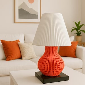 Scandinavian 3D Printed Table Lamp – Orange and White Minimalist Lampshade – Modern Boho Nightstand Light – Unique Home Decor