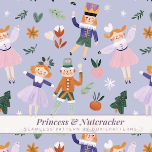 Puede incluir: Un patrón continuo sobre un fondo morado claro con ilustraciones de cascanueces, bailarinas, pinos, flores y copos de nieve. El texto dice Princess & Nutcracker SEAMLESS PATTERN BY DOXIEPATTERNS en una fuente de color morado oscuro.