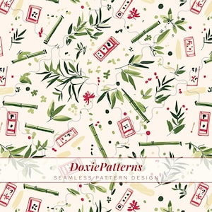 May include: Seamless pattern design featuring bamboo stalks, green leaves, and red accents on a cream background. The design includes stylized illustrations of bamboo, leaves, and small red floral elements. The text "DoxiePatterns SEAMLESS PATTERN DESIGN" is at the bottom.