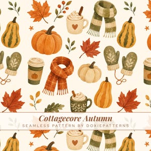 Cottagecore Autumn Seamless Pattern Watercolor Fall Pumpkins Cozy Leaves Pumpkin Spice Latte Rustic Digital Paper Whimsical