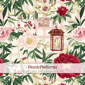Könnte beinhalten: Nahtloses Musterdesign mit Pfingstrosen, Bambusblättern und einer roten Laterne mit chinesischen Schriftzeichen. Das Design umfasst rosa und rote Blumen, weiße Blüten und einen hellrosa und weißen Gitterhintergrund. Der Text "DoxiePatterns" befindet sich unten.