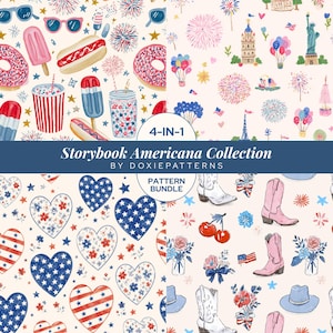 Patriotic Summer Seamless Pattern Bundle for Fourth of July Watercolor Digital Paper Cute Americana Popsicle Hotdog for POD Matching Pajamas