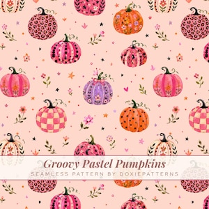 May include: A seamless pattern on a light peach background featuring various illustrated pumpkins in shades of pink, orange, and purple with leopard print, checkered, and floral designs, interspersed with small stars and flowers. Text reads Groovy Pastel Pumpkins.