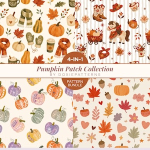 May include: A 4-in-1 digital pattern bundle titled Pumpkin Patch Collection by DoxiePatterns. The image displays four distinct repeating patterns featuring autumn motifs including pumpkins, maple leaves, scarves, mittens, horses, and boots.