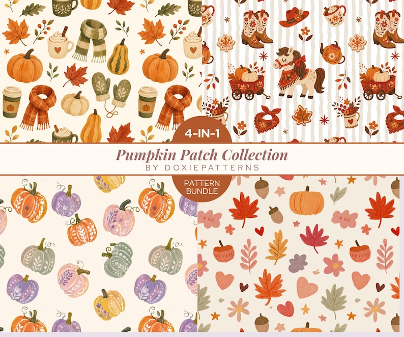 Pumpafält Seamless Mönster Bundle Höst Digitalt Papper Pack Höst Skörde Mönsterkollektion Mysigt Tryckt Tyg POD Design bild 1