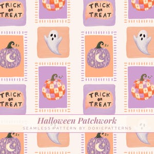 May include: A seamless pattern featuring a grid of rectangular blocks with Halloween motifs. The design includes purple pumpkins with crescent moons, orange and purple checkered pumpkins, white ghosts, and speech bubbles with the text TRICK OR TREAT.