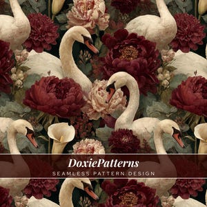 May include: Seamless pattern design featuring white swans, burgundy peonies, and cream-colored flowers. The design has a dark green background and includes the text "DoxiePatterns" and "Seamless Pattern Design".