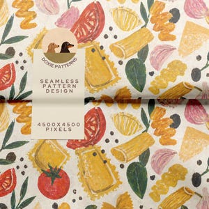 Papel de regalo con estampado de pasta sin costuras y diseño maximalista de tomate y hierbas (descarga PNG)