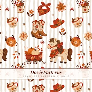 May include: A seamless pattern featuring illustrations of ponies, cowboy boots, hats, bandanas, pumpkins in wagons, mugs, and leaves on a white striped background. The text DoxiePatterns SEAMLESS PATTERN BUNDLE is centered horizontally.