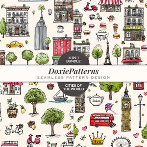 PNG-paket NYC London Paris Venedig Sömlöst mönster Sublimering Handritat Klottertryck Presentpapper Resa Flytta DIY Tapetkonst