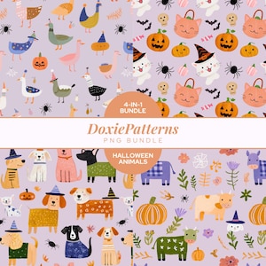 Whimsigoth Halloween Festdjur Seamless Mönster Bundle Spöklika Gäss Digitalt Papper Hundar Katter Kor Bondgård Barn Tyg Tryck Design Höst