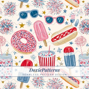 May include: A seamless pattern design featuring patriotic imagery. The design includes sunglasses, popsicles, donuts, hot dogs, popcorn, and fireworks in red, white, and blue on a cream background. The text "DoxiePatterns SEAMLESS PATTERN DESIGN" is also present.
