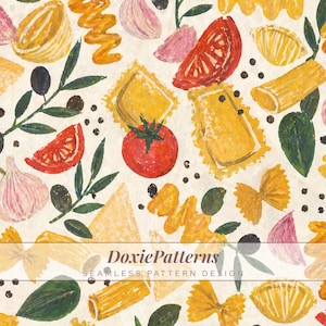 Patrón de cocina de pasta sin costuras, papel de regalo con hierbas y tomate, estética de restaurante italiano, impresión bajo demanda para tela de mantel PNG