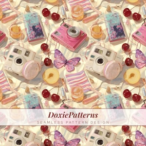 May include: Seamless pattern design featuring pink cameras, butterflies, cherries, and other accessories. The pattern includes a variety of objects in a pastel color palette, creating a whimsical and feminine aesthetic. The text "DoxiePatterns" is visible.