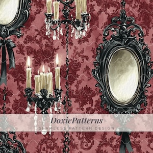 May include: Seamless pattern design featuring ornate black framed mirrors and chandeliers with lit candles against a burgundy floral background. The design includes a bow and the text "DoxiePatterns SEAMLESS PATTERN DESIGN".