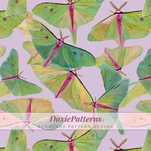May include: A seamless pattern design featuring watercolor illustrations of Luna moths in shades of green, yellow, and pink on a lavender background. The moths are depicted with detailed wings and bodies, creating a repeating pattern.