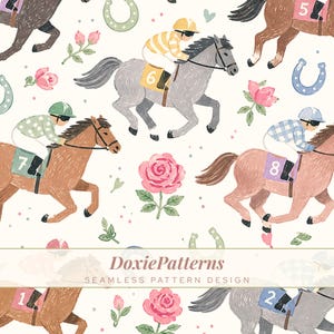 Può includere: Un design a motivi senza cuciture con illustrazioni ad acquerello di cavalli da corsa con fantini, ferri di cavallo e rose rosa. I cavalli sono in varie tonalità di marrone e grigio, con fantini che indossano sete colorate. Il design include il testo "DoxiePatterns".