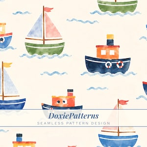 May include: A repeating watercolour pattern of boats and sailboats in blue, green, orange, and yellow. The boats sail on light blue waves against a cream background. The design includes the text "DoxiePatterns SEAMLESS PATTERN DESIGN."
