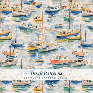 May include: Watercolor pattern featuring a harbor scene with numerous boats and sailboats in shades of blue, yellow, orange, and white. The design includes the text "DoxiePatterns SEAMLESS PATTERN DESIGN".