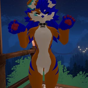 May include: A digitally rendered anthropomorphic character with orange and blue fur. The character has a white chest and belly, blue paws, and a collar that reads "Flare". The background shows a night scene with trees and a wooden deck.