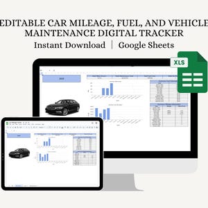 May include: A digital car mileage, fuel, and vehicle maintenance tracker displayed on a computer monitor and tablet. The spreadsheet shows charts and data, with a black car graphic. The text "EDITABLE CAR MILEAGE, FUEL, AND VEHICLE MAINTENANCE DIGITAL TRACKER" is at the top.