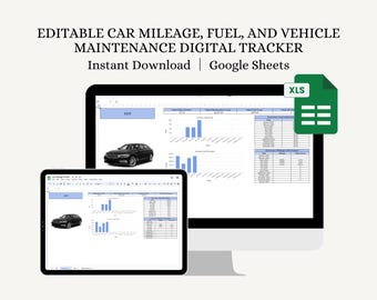 Digital Car Mileage Tracker | Fuel and Maintenance Log | Google Sheets and Excel Compatible