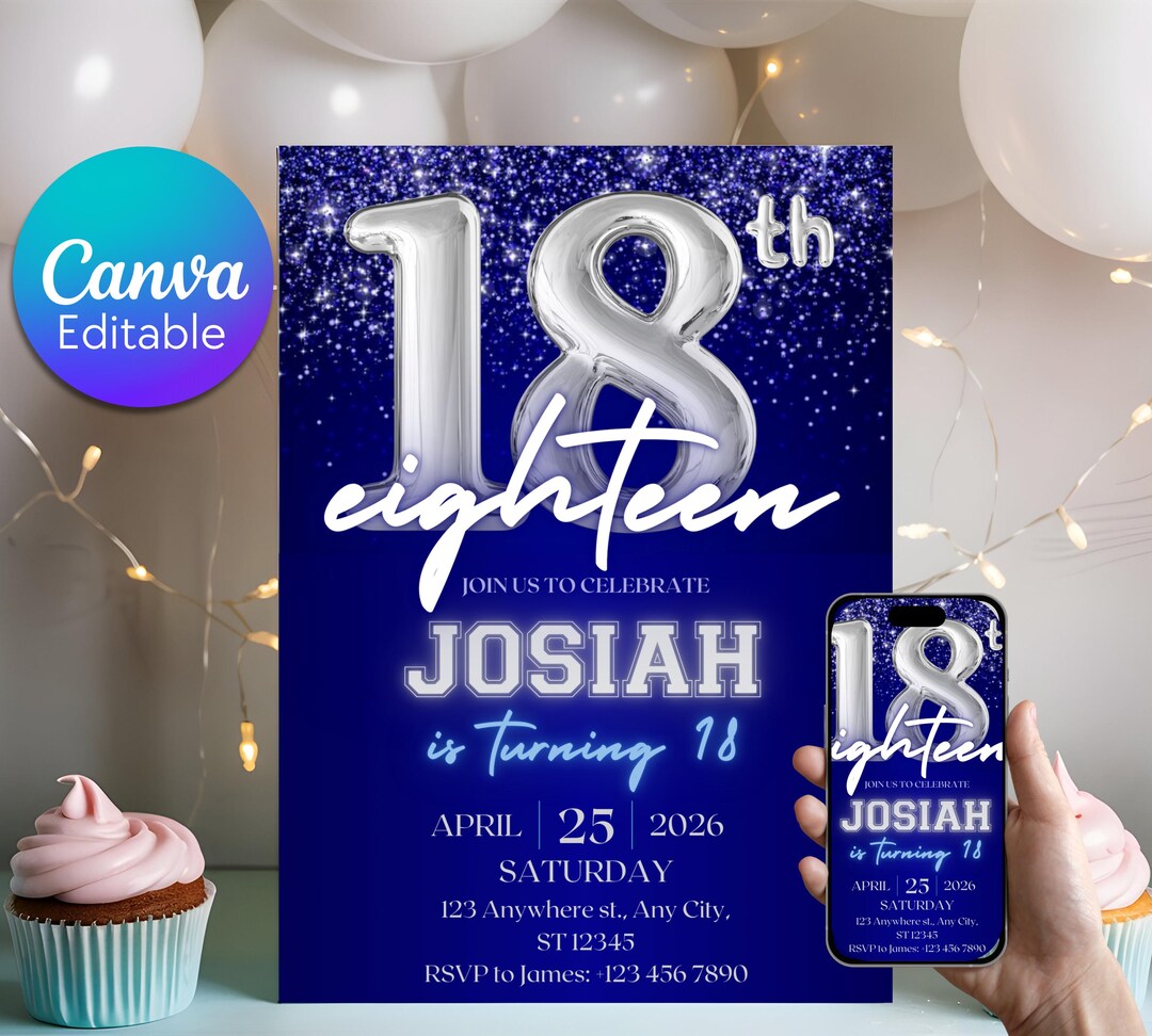 Editable Blue & Silver Glitter 18th Birthday Invite, 18 Birthday