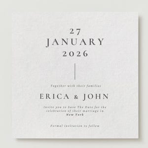 Invito di nozze Save the date. Design semplice, moderno e senza tempo, perfetto per minimalisti ed eleganti temi romantici.