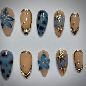 Blue Bloom Press On Nails – 3D Flower Nail Art, Reusable, Handmade Luxury Nails, Almond Shape