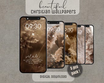 Christian boho minimalistische achtergrondachtergrond, pakket van 5, christelijke lockscreen-telefoonbehang, shuffle-schilderij met schrift, Android iOS-iphone
