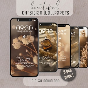 Könnte beinhalten: Ein digitaler Download mit fünf Handy-Hintergrundbildern mit christlichem Thema. Jedes Hintergrundbild zeigt ein anderes Design mit floralen Elementen, inspirierenden Zitaten und der Uhrzeit 09:30 Uhr. Der Text "Beautiful Christian Wallpapers" und "Digital Download" sind ebenfalls sichtbar.