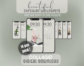 Collage bijbelvers wallpaper achtergrond, pakket van 14, christelijk lockscreen telefoonbehang, shuffle schriftschilderingcitaten, Android iOS