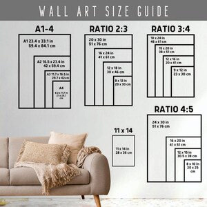 Op de afbeelding: Wandkunst maatgids met verschillende beeldverhoudingen en afmetingen in inches en centimeters. Inclusief A1-4, Ratio 2:3, 3:4 en 4:5 maten. De gids wordt weergegeven op een witte muur.