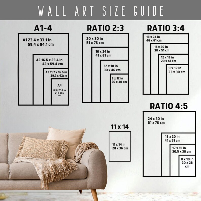 Op de afbeelding: Wandkunst maatgids met verschillende beeldverhoudingen en afmetingen in inches en centimeters. Inclusief A1-4, Ratio 2:3, 3:4 en 4:5 maten. De gids wordt weergegeven op een witte muur.