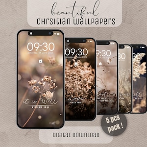Puede incluir: Una descarga digital que presenta cinco fondos de pantalla para teléfonos inteligentes con fondos inspirados en la naturaleza en tonos neutros. Cada fondo de pantalla muestra una cita inspiradora diferente. También se ve el texto "beautiful Christian wallpapers" y "digital download".