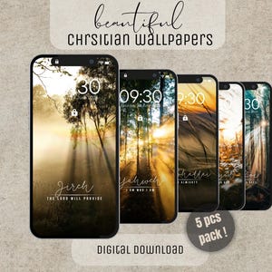 May include: A digital download featuring five smartphone wallpapers with nature scenes and inspirational text. The wallpapers display images of trees and sunlight, with phrases like "Jirch" and "Yahweh". The pack includes a "5 pcs pack!" label.