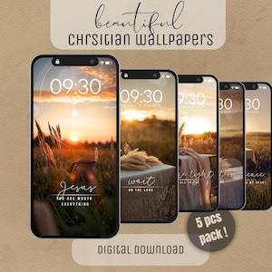 May include: A collection of five smartphone wallpapers featuring sunset scenes with inspirational text. The wallpapers display a warm color palette with fields and a sunset. The text includes phrases like "Jesus, You Are Worth Everything" and "Wait on the Lord."