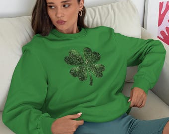 Sudadera con cuello redondo y purpurina Lucky Clover, sudadera con trébol para el día de San Patricio, San Patricio para mujer, San Patricio lindo, San Patricio para mujer