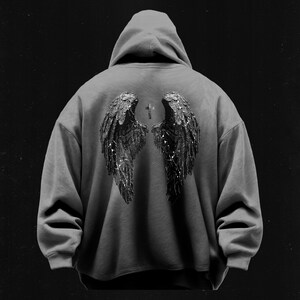 Angel Wings Y2k Hoodie, Vintage Style Hoodie, 90's Retro Style Hoodie , 2000's Grunge Hoodie, Alt Dark Horror Shirt, Distressed Design image 2