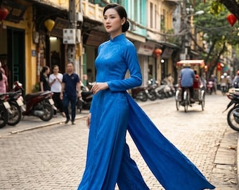 Áo Dài Truyền Thống Lụa Dubai Hoa Hồng - Quần Lụa Ngọc Trai Xanh-Vestido tradicional vietnamita (pantalones incluidos)