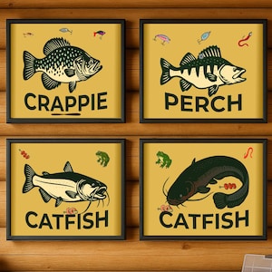 Rustic Fishing Poster Bundle – Catfish, Crappie & Perch Wall Art | Channel + Flathead + Panfish | Printable Vintage Decor | Fishing Trophies