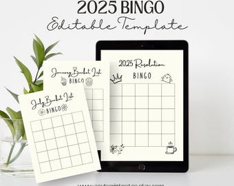 13 BINGO pages | 1 2025 Resolution Bingo | 12 Monthly Bingos - 2025 Resolution Tracker - Bullet Journal - Editable Canva Template