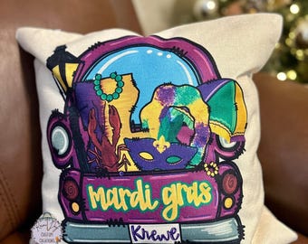 Mardi Gras Truck Throw Pillow – Festive Purple, Green & Gold Decor